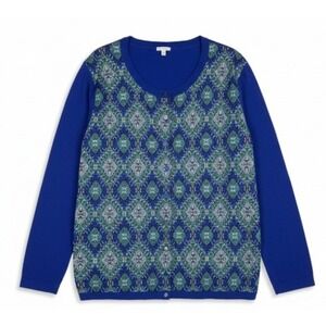 Talbots Abstract Floral Artsy Button Up Cardigan Sweater Blue Cotton Preppy 2X